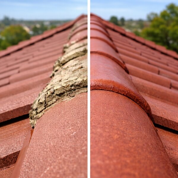 Before and after roof repointing Melbourne showing ridge cap repairs completed by Roofing Guys Melbourne.
