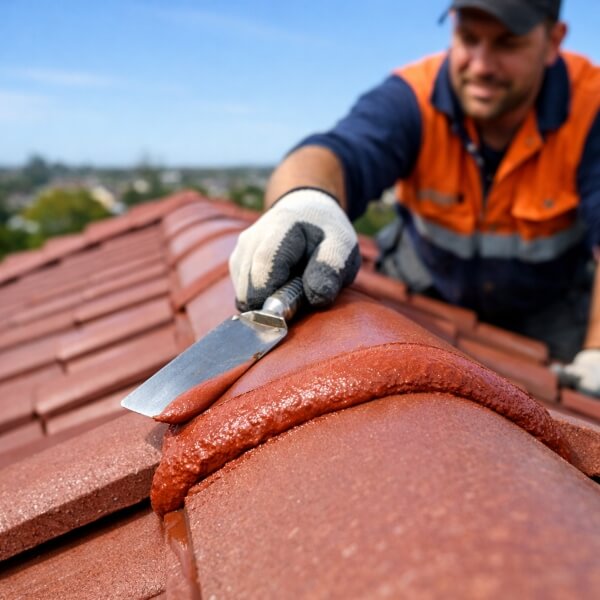 Roof repointing in Melbourne by Roofing Guys Melbourne, installing flexible pointing compound on ridge capping to strengthen tiles and improve weather resistance.